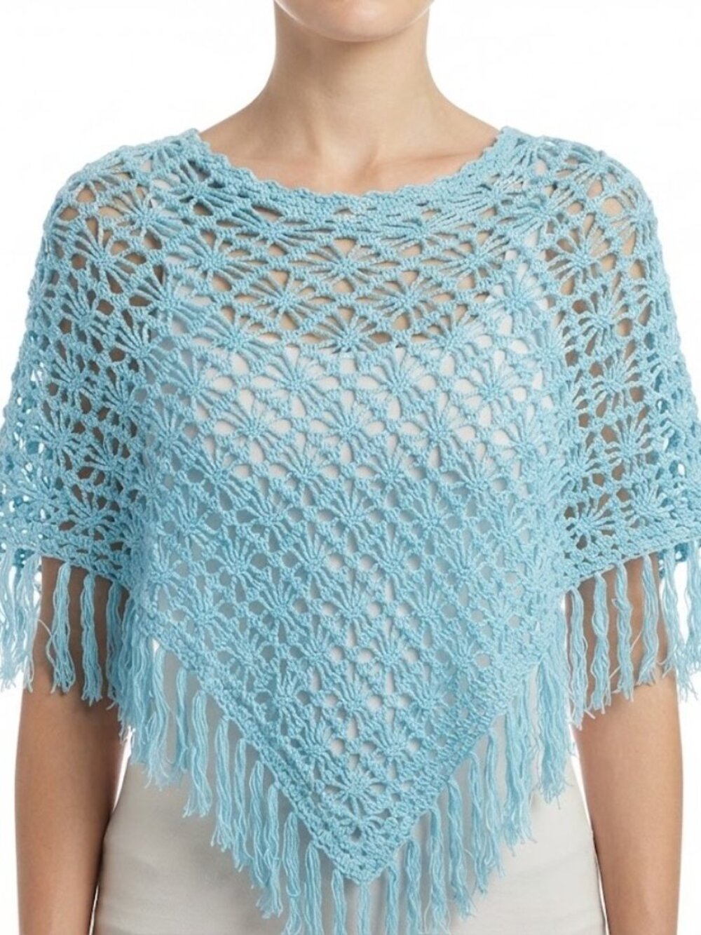 Light Blue Boho Crochet Fringe Poncho